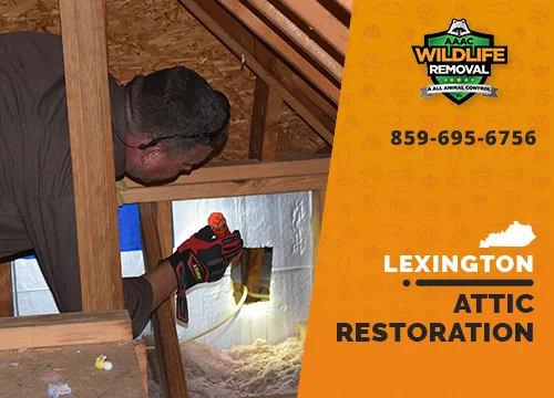 Wildlife Pest Control operator inspecting an attic in Lexington before restoration